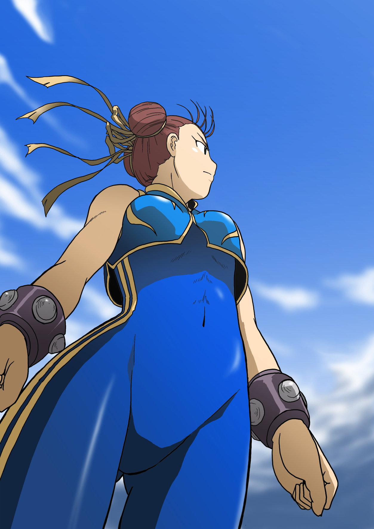 takaya n, chun-li, capcom, street fighter, crotch, highres, bodysuit, bracelet, breasts, brown hair, bun cover, double bun, from below, hair bun, jewelry, ribbon, skin tight, small breasts, solo, spiked bracelet, spikes