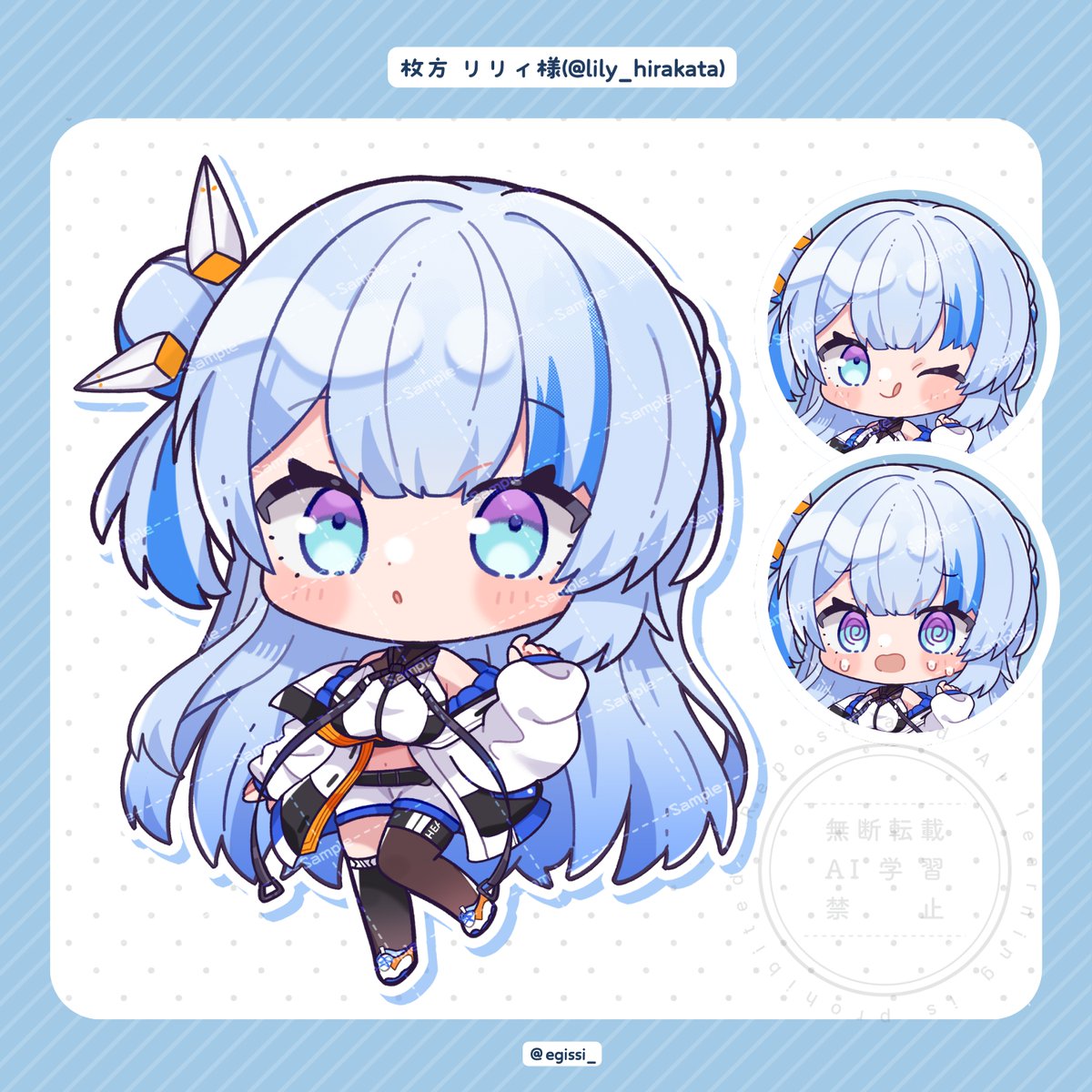 indie virtual youtuber, commentary request, highres, 1girl, :o, ;q, @ @, bare shoulders, black thighhighs, blue eyes, blue hair, blunt bangs, blush stickers, character name, closed mouth, crop top, cropped shirt, egissi, full body, hair bun, hand up, jacket, lily hirakata (vtuber), long hair, long sleeves, looking at viewer, multiple views, off shoulder, one eye closed, one side up, open clothes, open jacket, open mouth, polka dot, polka dot background, sample watermark, shirt, shoes, sleeveless, sleeveless shirt, standing, standing on one leg, sweat, thighhighs, tongue, tongue out, twitter username, virtual youtuber, watermark, watermark grid, white background, white jacket, white shirt, white shoes