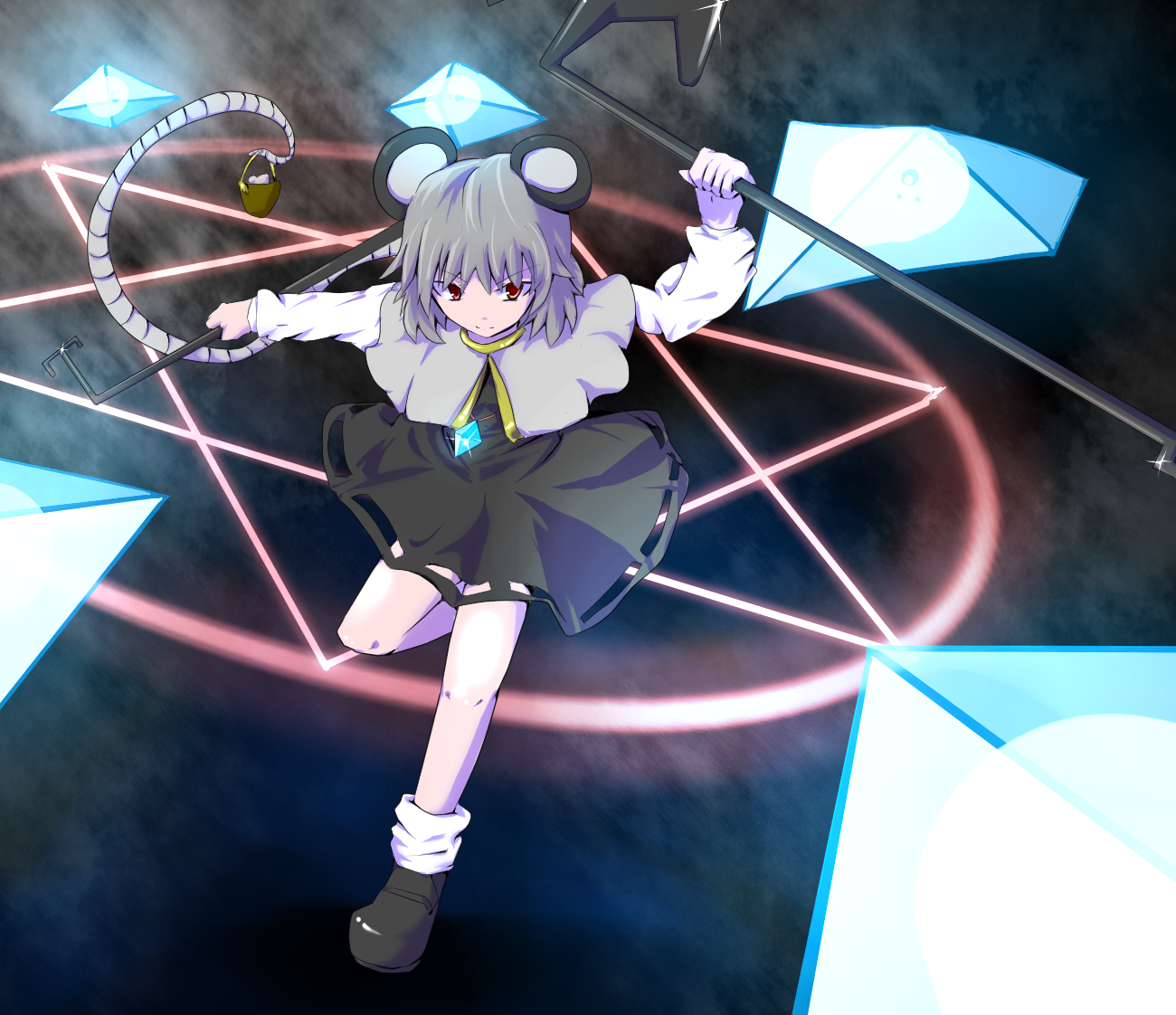 aho, nazrin, touhou, 1girl, animal ears, basket, danmaku, female focus, full body, grey hair, jewelry, magic circle, mouse ears, mouse tail, pendant, red eyes, short hair, solo, tail