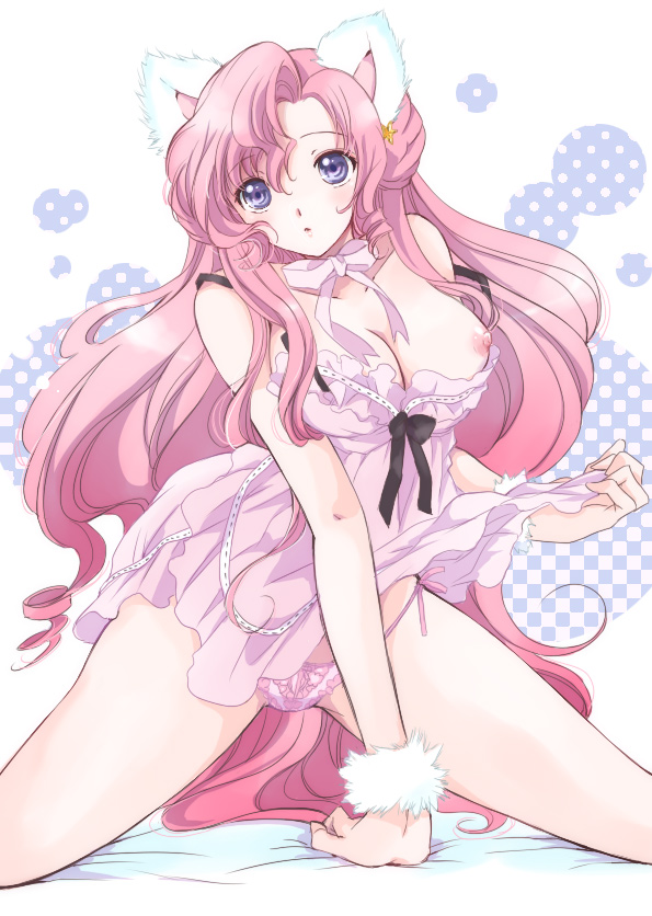akina tsukako, euphemia li britannia, code geass, 00s, 1girl, animal ears, bare shoulders, blue eyes, breasts, cat ears, cleavage, female focus, long hair, nipple slip, nipples, panties, pink hair, pink panties, purple eyes, solo, underwear, very long hair, wardrobe malfunction