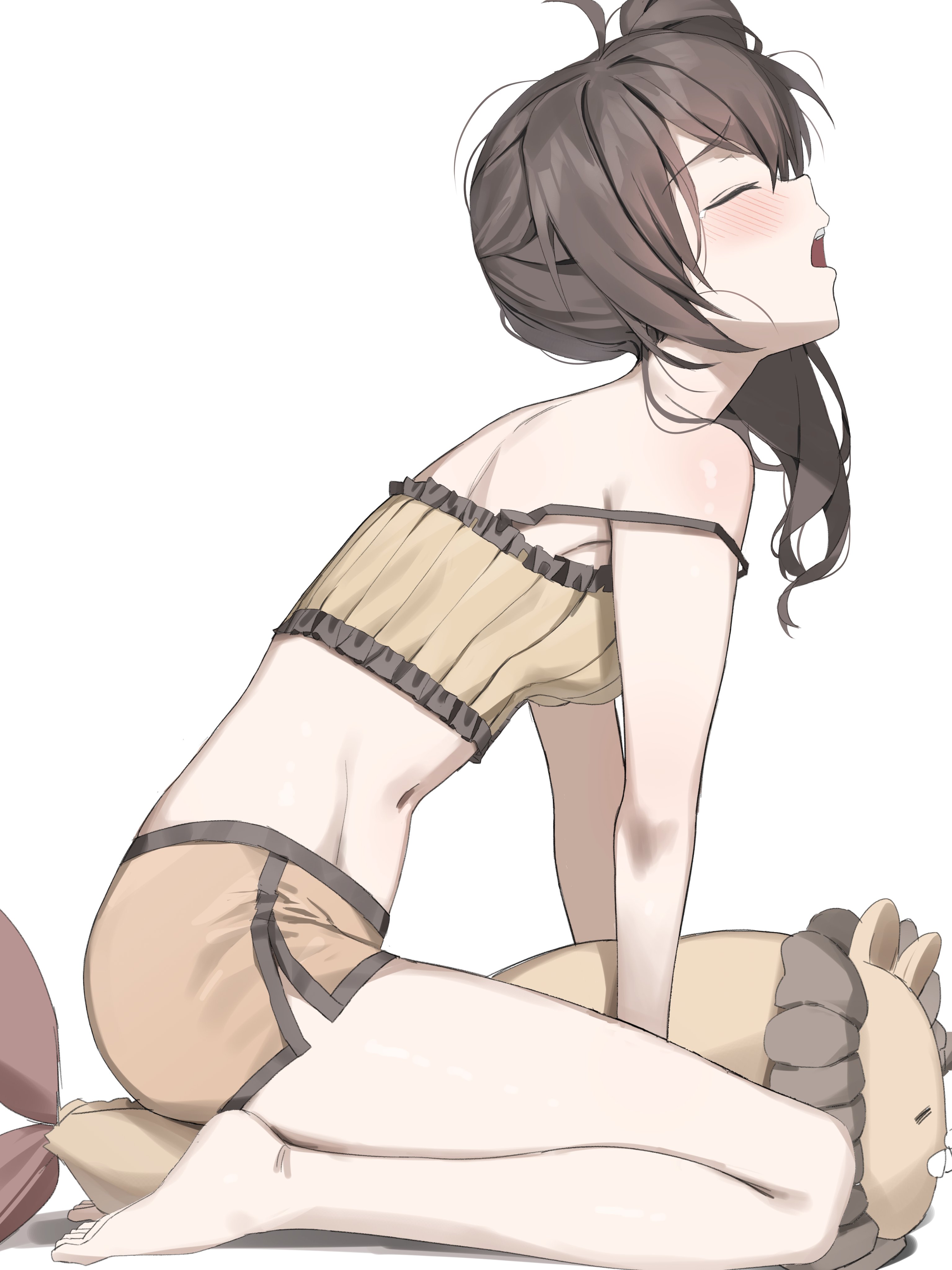 scarlet (wv0102), ebi frion (natsuiro matsuri), natsuiro matsuri, natsuiro matsuri (matsuri's day off), hololive, facing up, absurdres, commentary, english commentary, highres, 1girl, ahoge, back, bare arms, bare legs, bare shoulders, barefoot, between legs, blush, brown hair, camisole, crop top, dolphin shorts, food, frilled camisole, frills, from side, full body, hunched over, leaning forward, long hair, mascot, micro shorts, midriff, navel, open mouth, orange shorts, profile, raised inner eyebrows, ribbed camisole, seiza, shorts, shoulder blades, shrimp, shrimp tempura, side ponytail, side slit, simple background, sitting, sleepwear, solo, strap slip, stuffed animal, stuffed lion, stuffed toy, tears, tempura, toes, virtual youtuber, white background, yawning, yellow camisole