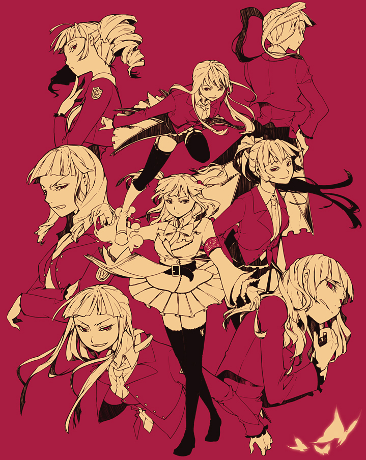 35, asmodeus (umineko), beelzebub (umineko), belphegor (umineko), leviathan (umineko), lucifer (umineko), mammon (umineko), satan (umineko), stakes of purgatory, ushiromiya ange, umineko no naku koro ni, 00s, 6+girls, drill hair, hair bobbles, hair ornament, legs, long hair, multiple girls, necktie, red eyes, thighhighs, twintails