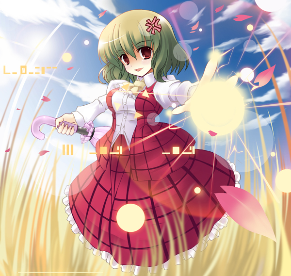 kurume shou, kazami yuuka, touhou, bad id, bad pixiv id, 1girl, anger vein, ascot, breasts, closed umbrella, female focus, field, green hair, medium breasts, parasol, petals, plaid clothes, plaid skirt, plaid vest, red eyes, shaded face, short hair, skirt, skirt set, smile, solo, umbrella, vest
