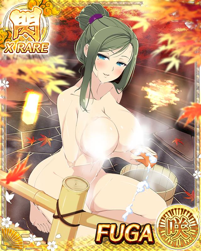 fuga (senran kagura), senran kagura, senran kagura new wave, game cg, non-web source, official art, 1girl, autumn leaves, bathing, blue eyes, blush, border, breasts, bucket, card (medium), cleavage, convenient censoring, folded ponytail, green hair, large breasts, leaf, long hair, looking at viewer, mole, mole under eye, nude, official alternate costume, official alternate hairstyle, onsen, open mouth, outdoors, smile, solo, steam, steam censor, wet, wooden bucket