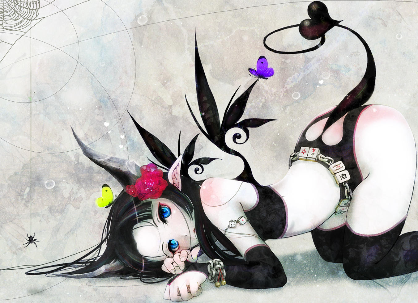 funakura, original, 1girl, all fours, bare shoulders, black hair, black thighhighs, blue eyes, blush, board game, body blush, bridal gauntlets, bug, butterfly, chain, demon girl, demon tail, dice, elbow gloves, eyeshadow, female focus, flower, gloves, hair flower, hair ornament, heart, horns, insect, long hair, looking at viewer, mahjong, makeup, pale skin, pointy ears, silk, solo, spider, spider web, tail, thighhighs, thighs, top-down bottom-up, wings