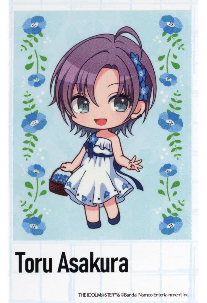 asakura toru, idolmaster, idolmaster shiny colors, official art, 1girl, basket, blue background, blue bow, blue eyes, blue flower, blue shoes, blush, bow, dress, earrings, flower, gradient hair, holding, holding basket, jewelry, multicolored hair, open mouth, shoes, white dress