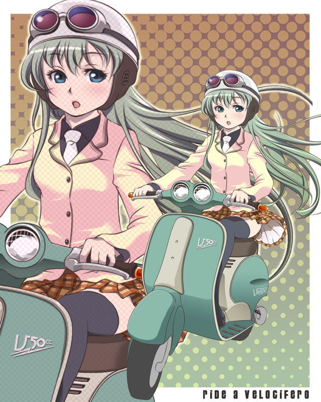 sasami (artist), alice carroll, aria (manga), vehicle, 00s, black thighhighs, blue eyes, goggles, green hair, helmet, long hair, motor vehicle, school uniform, scooter, solo, thighhighs, zettai ryouiki