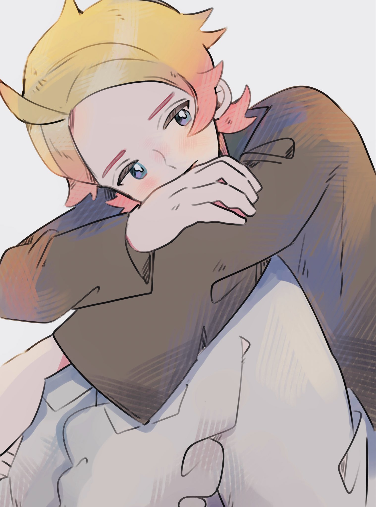 pam0y0, urbain (pokemon), nintendo, pokemon, pokemon legends: z-a, commentary request, highres, 1boy, blonde hair, blue eyes, brown jacket, grey background, hair behind ear, hugging own legs, jacket, long sleeves, looking to the side, male focus, pants, pink hair, sideways glance, simple background, sitting, solo, white pants