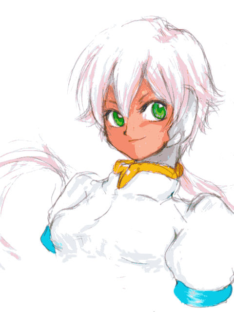 shigehiro (hiroi heya), aile (mega man zx), capcom, mega man (series), mega man zx, 1girl, brown hair, female focus, green eyes, sketch, smile, solo, white hair