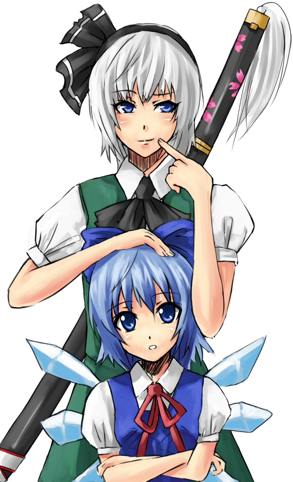 bokuden, cirno, konpaku youmu, touhou, silver hair, 2girls, blue eyes, blue hair, crossed arms, katana, multiple girls, ribbon, sheath, sheathed, short hair, smile, sword, weapon, wings