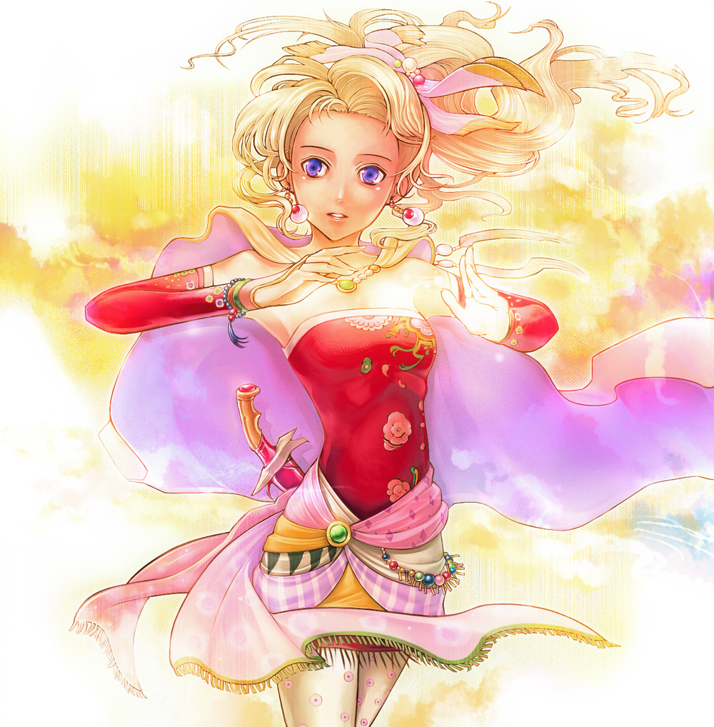 amao miyuki, tina branford, dissidia final fantasy, final fantasy, final fantasy vi, 1990s (style), 1girl, amano yoshitaka design, bare shoulders, blonde hair, bracelet, cape, detached sleeves, dress, earrings, female focus, jewelry, long hair, pantyhose, ponytail, red dress, retro artstyle, ribbon, short dress, solo, sword, weapon, white pantyhose