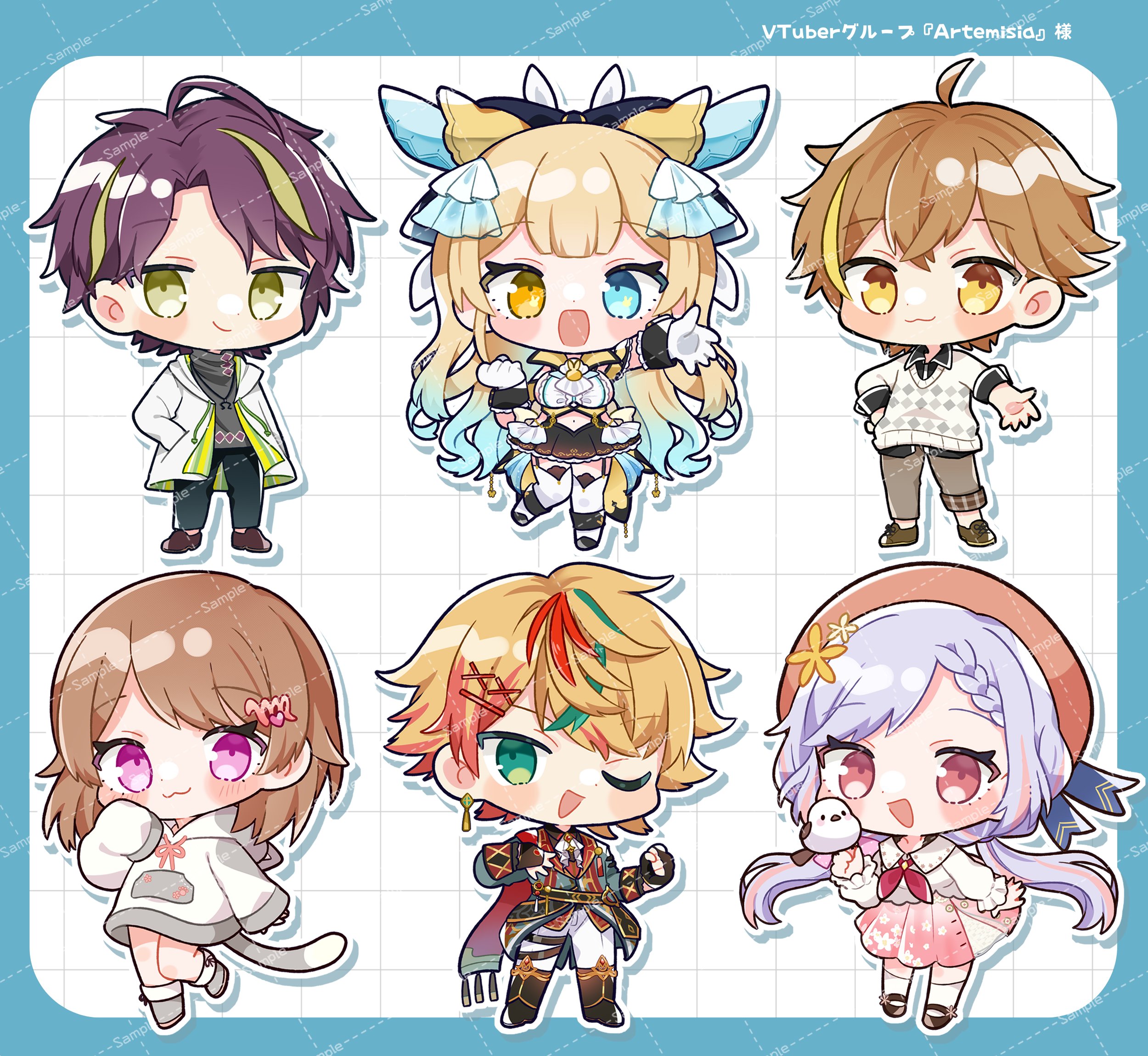 character request, commentary request, copyright request, highres, 3boys, 3girls, :3, :d, ;d, ahoge, blonde hair, blue border, blue eyes, blue hair, blunt bangs, blush stickers, border, braid, brown hair, brown pants, brown shoes, cat tail, chibi, chibi only, closed mouth, crossed bangs, drawstring, egissi, full body, green eyes, grid background, hand up, heterochromia, hood, hood down, hoodie, long hair, long sleeves, looking at viewer, multicolored hair, multiple boys, multiple girls, navel, neckerchief, one eye closed, open clothes, open hoodie, open mouth, outside border, pants, pink eyes, pink skirt, purple hair, red eyes, red hair, red neckerchief, sample watermark, shoes, short hair, skirt, sleeves past fingers, sleeves past wrists, smile, standing, standing on one leg, streaked hair, sweater, tail, two-tone hair, virtual youtuber, watermark, watermark grid, white background, white hoodie, white sweater, yellow eyes