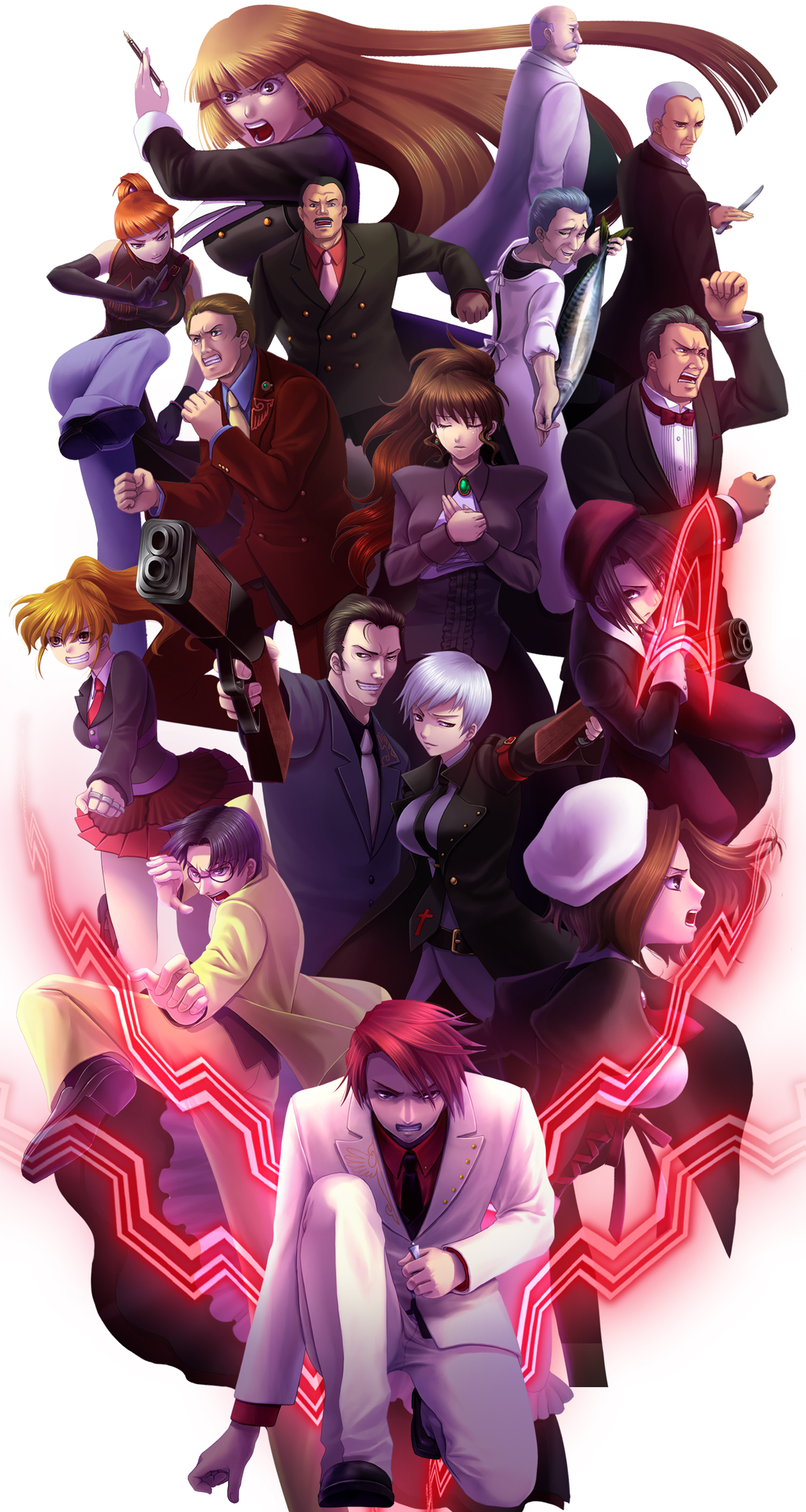 moco+, gouda toshirou, kanon (umineko), kumasawa chiyo, nanjou terumasa, ronoue genji, shannon (umineko), ushiromiya battler, ushiromiya eva, ushiromiya george, ushiromiya hideyoshi, ushiromiya jessica, ushiromiya krauss, ushiromiya kyrie, ushiromiya natsuhi, ushiromiya rosa, ushiromiya rudolf, 07th expansion, no naku koro ni (series), umineko no naku koro ni, absurdres, bad id, bad pixiv id, highres, 00s, 6+boys, 6+girls, gun, hime cut, multiple boys, multiple girls, weapon