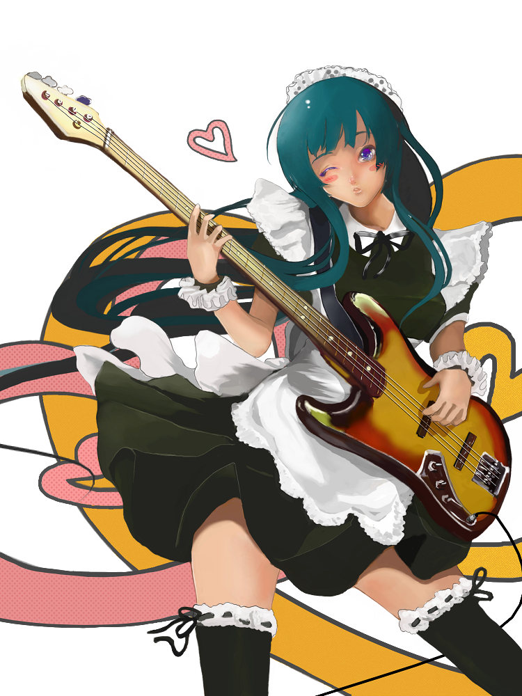 konoe kishi, akiyama mio, k-on!, bad id, bad pixiv id, 00s, 1girl, alternate costume, bass guitar, black hair, blue eyes, blunt bangs, blush, enmaided, female focus, heart, hime cut, instrument, long hair, maid, one eye closed, solo, thighhighs, wink, zettai ryouiki
