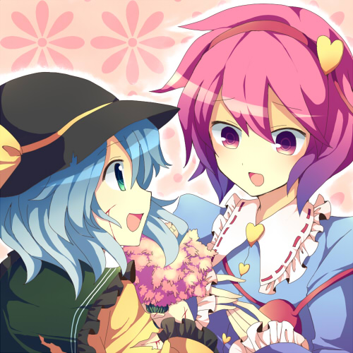 ruxun, sumeragi oruta, komeiji koishi, komeiji satori, touhou, lowres, 2girls, black hat, blood, blue hair, blue shirt, buttons, collar, cuts, female focus, flower, frilled shirt collar, frilled sleeves, frills, gradient hair, green eyes, happy, hat, hat ribbon, heart, injury, multicolored hair, multiple girls, pink eyes, pink hair, red hood, ribbon, ribbon-trimmed collar, ribbon trim, shirt, short hair, siblings, sisters, third eye, torn clothes, white collar, white hair, yellow ribbon, yellow shirt