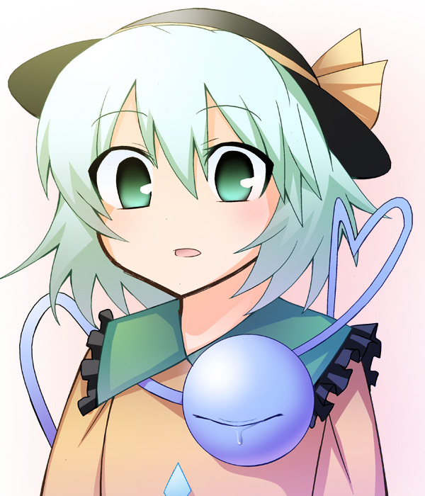 r (pixiv), ren (733), komeiji koishi, touhou, bad id, bad pixiv id, 1girl, female focus, gradient background, green eyes, hat, short hair, solo, tears, upper body, white background, white hair