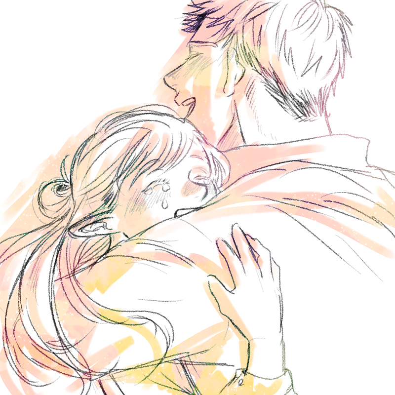 laios touden, marcille donato, dungeon meshi, commentary, 1boy, 1girl, :d, ^ ^, blush, closed eyes, crying, elf, happy, hug, long hair, natsuo-hjm, open mouth, pointy ears, ponytail, shirt, short hair, sketch, smile