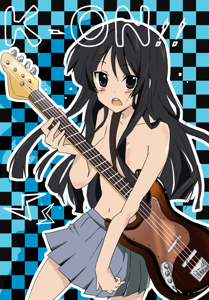 ichihara2929, kiriha, akiyama mio, k-on!, bad id, bad pixiv id, 00s, 1girl, bass guitar, black eyes, black hair, blunt bangs, blush, breasts, checkered background, female focus, hime cut, instrument, long hair, skirt, solo, topless female