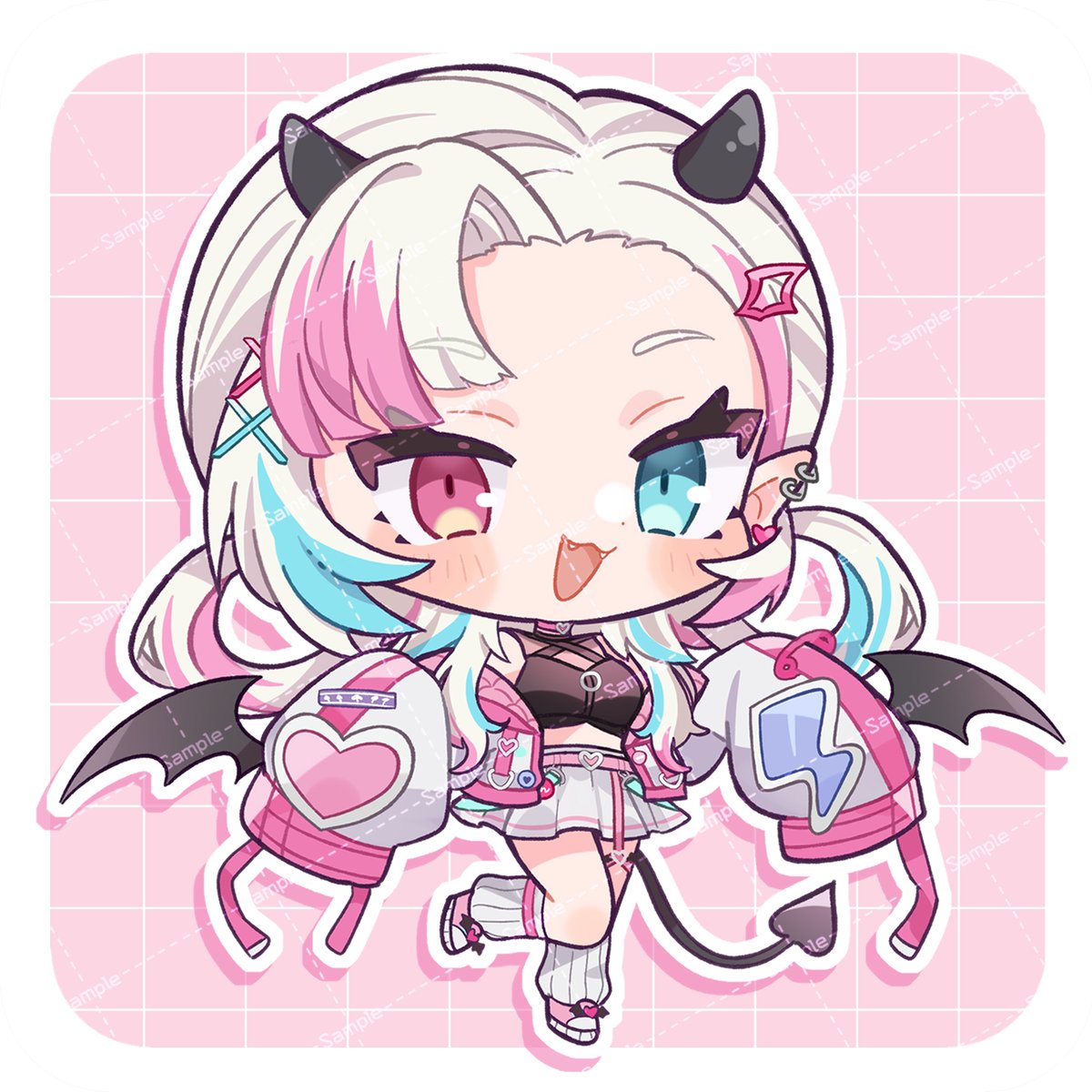 indie virtual youtuber, commentary, commission, highres, skeb commission, 1girl, :3, :d, asymmetrical bangs, belt, black shirt, blue eyes, blue hair, blush stickers, border, chibi, chibi only, cropped shirt, demon girl, demon horns, demon wings, drop shadow, ear piercing, egissi, fangs, full body, grid background, hands up, heterochromia, horns, jacket, kirama yami, long hair, long sleeves, looking at viewer, multicolored hair, open clothes, open jacket, open mouth, outline, outside border, piercing, pink background, pink belt, pink hair, pink shoes, pleated skirt, red eyes, ribbed socks, sample watermark, shirt, shoes, skirt, sleeves past fingers, sleeves past wrists, smile, socks, solo, standing, standing on one leg, streaked hair, virtual youtuber, watermark, watermark grid, white border, white jacket, white outline, white skirt, white socks, wings