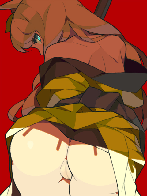 itsumo nokoru, inari, yuzuruha, oboro muramasa, vanillaware, silver hair, 1girl, ass, back, bare shoulders, bent over, blue eyes, censored, female focus, from behind, huge ass, japanese clothes, kimono, leaf, leaf on head, looking back, no panties, object on head, off shoulder, pussy, simple background, solo