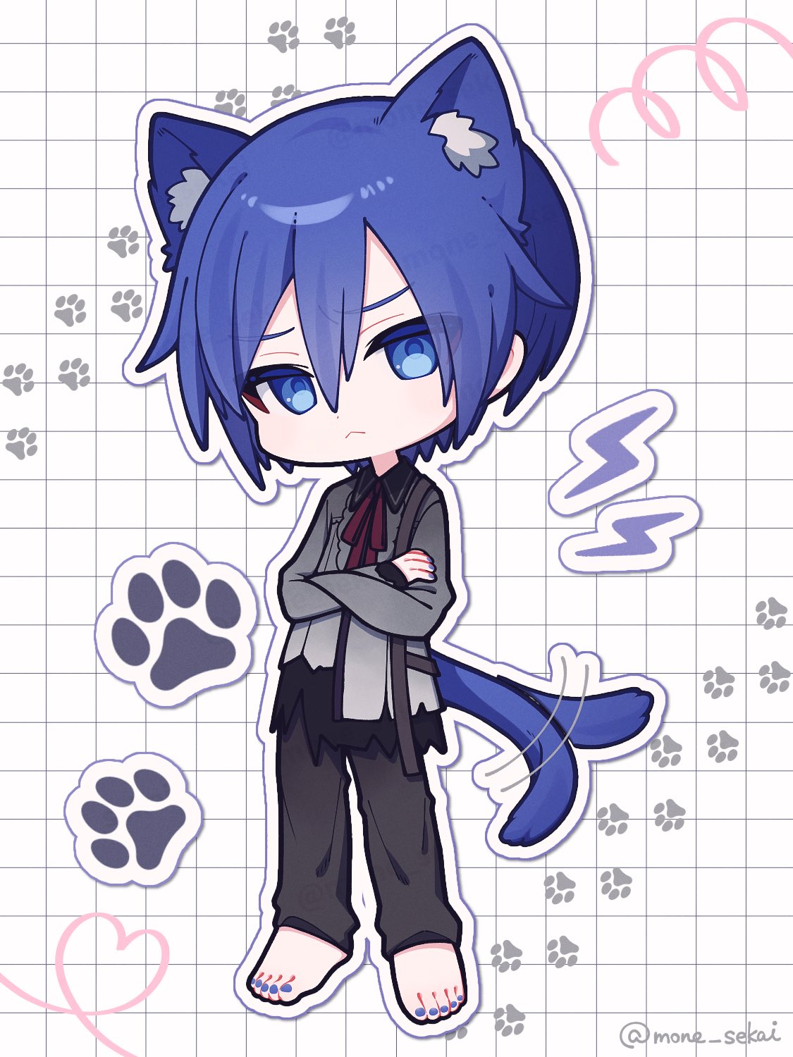 mone sekai, 25-ji kaito, kaito (vocaloid), project sekai, vocaloid, commentary, highres, symbol-only commentary, 1boy, :<, animal ear fluff, animal ears, barefoot, black pants, blue eyes, blue nails, cat boy, cat ears, cat tail, closed mouth, collared shirt, colored eyelashes, crossed arms, full body, grey shirt, grid background, heart, kemonomimi mode, lightning bolt symbol, looking at viewer, male focus, motion lines, nail polish, neck ribbon, pants, paw print, red ribbon, ribbon, shirt, sleeve cuffs, solo, squiggle, tail, tail wagging, torn clothes, torn shirt, wing collar