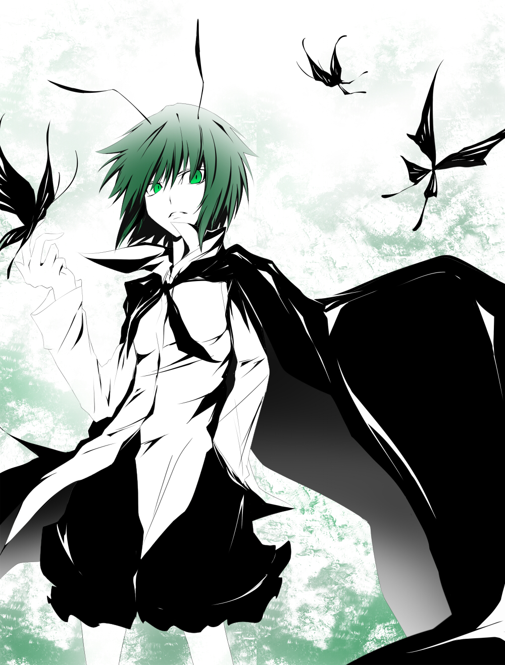kanaria (fuusenkazura), wriggle nightbug, touhou, bad id, bad pixiv id, highres, 1girl, androgynous, antennae, bloomers, bug, butterfly, cape, female focus, green eyes, green hair, green theme, matching hair/eyes, monochrome, reverse trap, short hair, solo, underwear