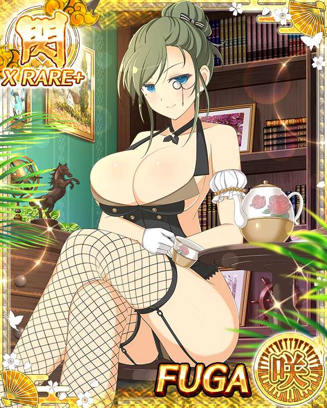 fuga (senran kagura), senran kagura, senran kagura new wave, game cg, non-web source, official art, 1girl, blue eyes, border, breasts, card (medium), cleavage, closed mouth, cup, fishnet thighhighs, fishnets, garter straps, gloves, green hair, hair bun, holding, holding cup, indoors, large breasts, library, long hair, looking at viewer, mole, mole under eye, official alternate costume, official alternate hairstyle, sitting, skindentation, smile, solo, teapot, thighhighs, white gloves