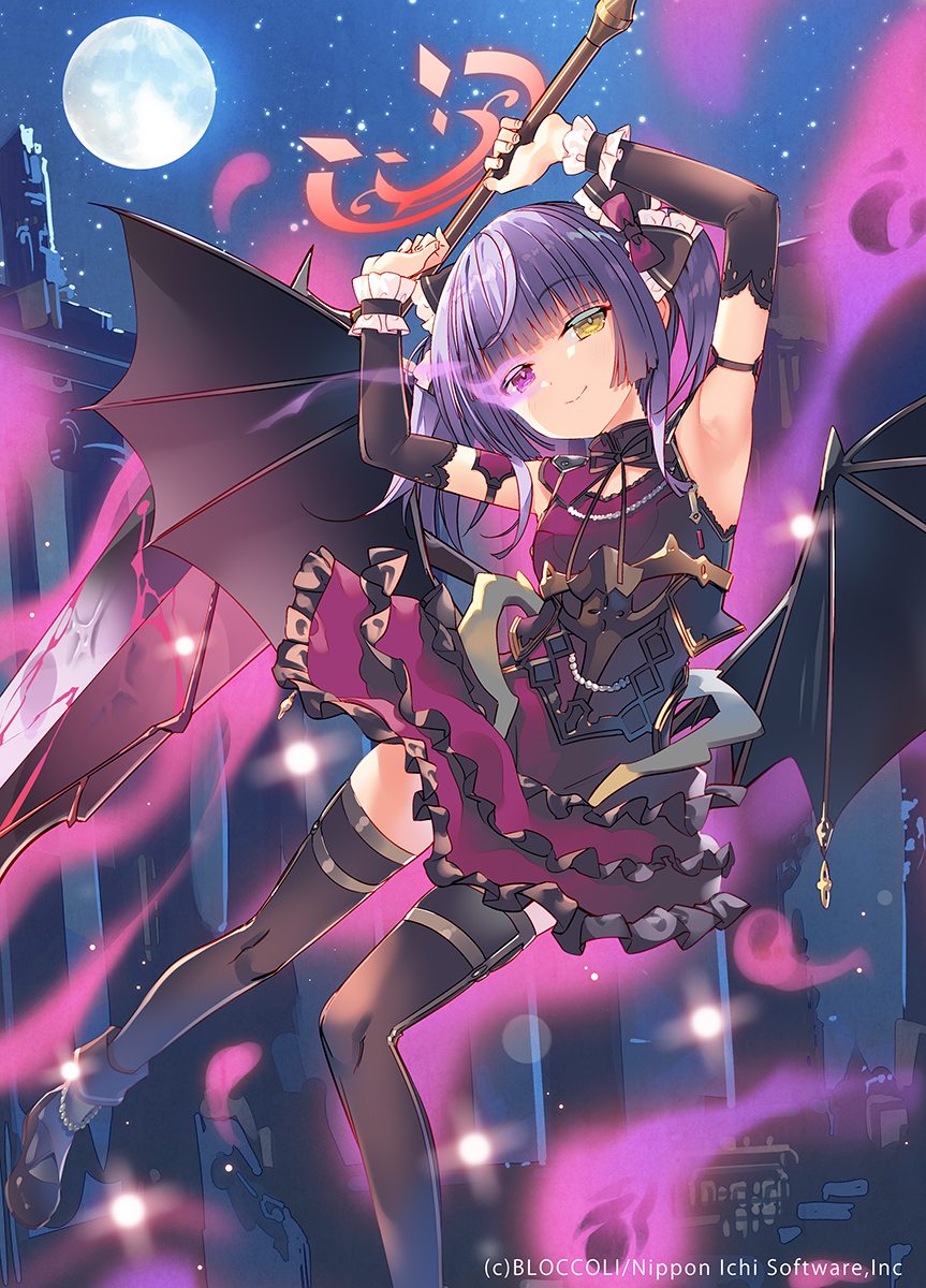 arikawa satoru, z/x, highres, official art, 1girl, armpits, arms up, aura, black shoes, black thighhighs, black wings, bow, closed mouth, copyright notice, dark aura, detached sleeves, dress, full moon, hair bow, halo, heterochromia, holding, holding sword, holding weapon, huge weapon, moon, mystica sanctus, night, night sky, outdoors, purple dress, purple eyes, purple hair, red halo, shoes, sky, solo, sword, thighhighs, twintails, weapon, wings, yellow eyes