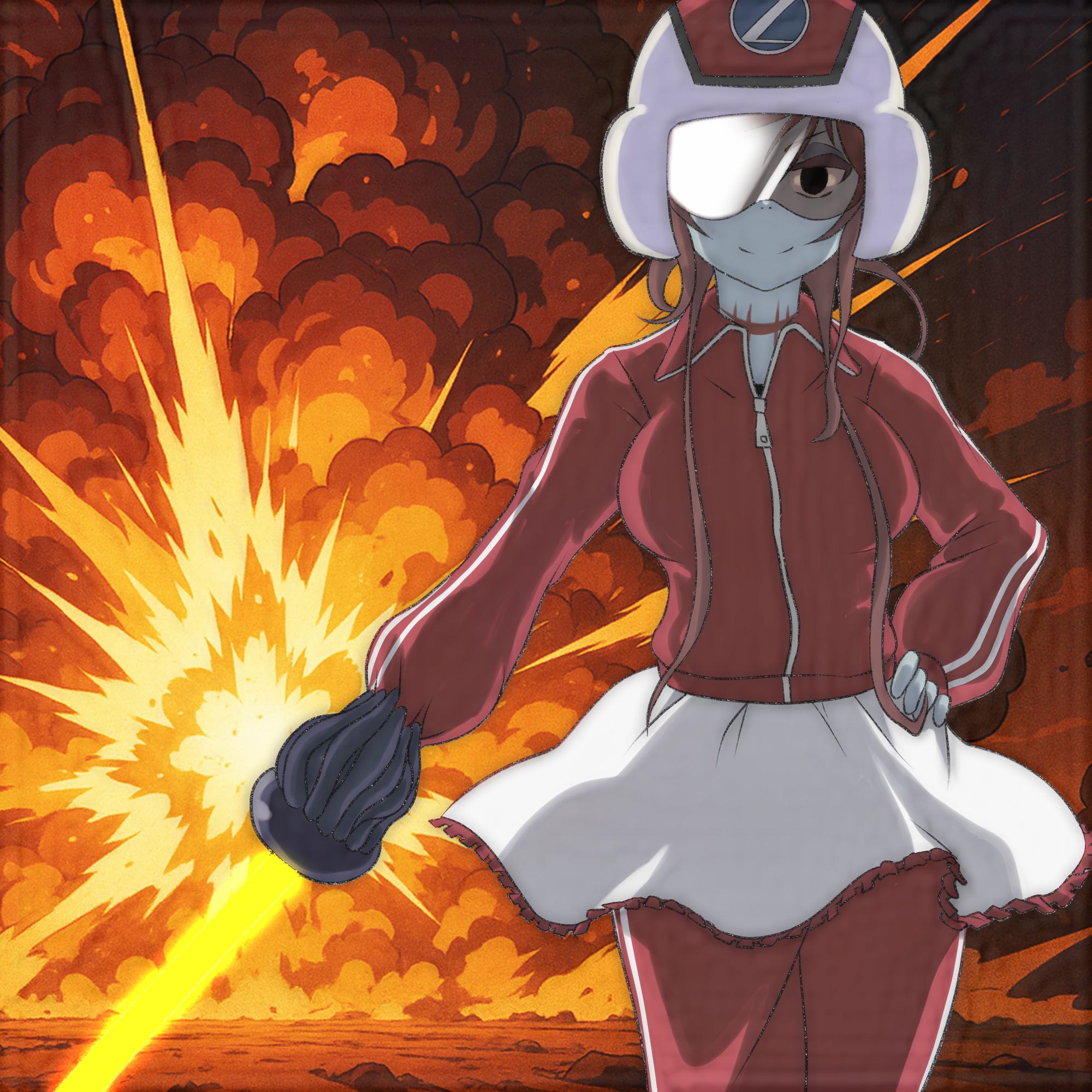 t jiroo (ringofriend), yuugiri (zombie land saga), zombie land saga, 1girl, arm cannon, black eyes, blue skin, breasts, brown hair, colored skin, explosion, hand on own hip, helmet, jacket, large breasts, laser, long sleeves, looking at viewer, pants, red helmet, red jacket, red pants, rock, short hair, sidelocks, skirt, smile, standing, stitches, superhero costume, track jacket, track pants, track suit, weapon, white skirt, zombie