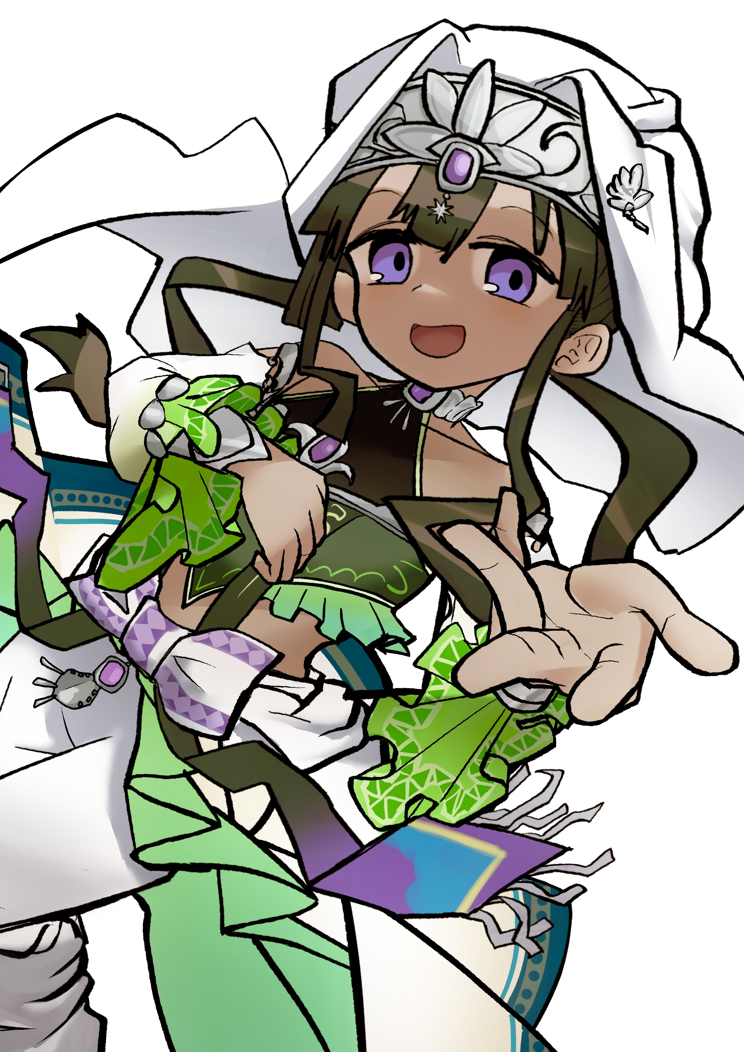 pesoname, dunyazad (grimms notes), grimms notes, 1girl, arabian clothes, dark-skinned female, dark skin, looking at viewer, open mouth, purple eyes, simple background, smile, solo, white background
