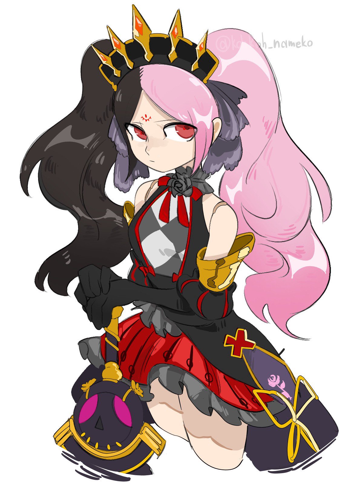 1girl, black gloves, black hair, breasts, cowboy shot, doll joints, elbow gloves, gloves, holding, holding sword, holding weapon, joints, long hair, multicolored hair, pink hair, red skirt, skirt, solo, split-color hair, standing, sword, twintails, weapon