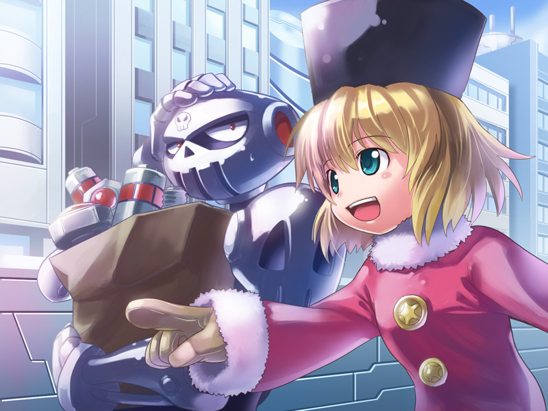 edobox, kalinka cossack (mega man), skull man, capcom, mega man (classic), mega man (series), mega man 4, 1boy, 1girl, :d, aqua eyes, bag, blonde hair, blue eyes, blue sky, blush stickers, bone, breasts, building, buttons, child, city, coat, day, fur trim, gloves, green eyes, groceries, hand on own head, happy, hat, helmet, holding, long sleeves, open mouth, outdoors, paper bag, pointing, red eyes, robot, shopping, short hair, skull, sky, skyscraper, small breasts, smile, star (symbol), sweatdrop, upper body