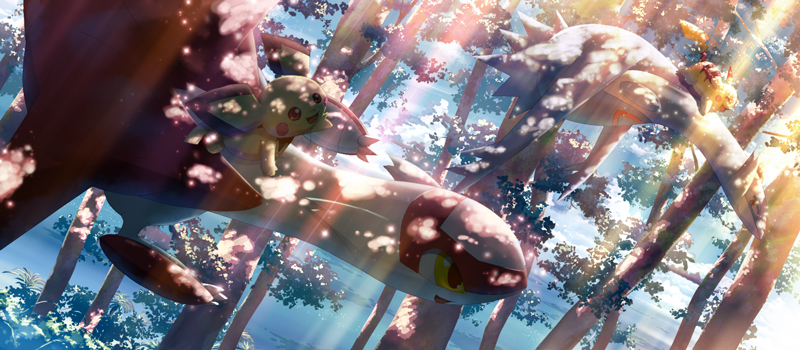 outlord, xion (wisteria way), yakkun, latias, latios, pichu, pikachu, nintendo, pokemon, pokemon gsc, pokemon rgby, pokemon rse, artist collaboration, colorized, 00s, 1990s (style), forest, gen 1 pokemon, gen 2 pokemon, gen 3 pokemon, legendary pokemon, nature, no humans, pokemon (creature), retro artstyle, riding, riding pokemon, sunlight, tree