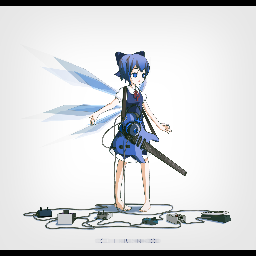 r.s.r., cirno, touhou, bad id, bad pixiv id, 1girl, barefoot, blue eyes, blue hair, dress, female focus, gradient background, guitar, hair ribbon, headphones, instrument, letterboxed, matching hair/eyes, ribbon, short hair, solo, white background, wings