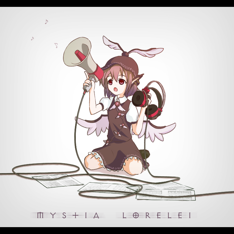 r.s.r., mystia lorelei, touhou, bad id, bad pixiv id, 1girl, animal ears, brown hair, female focus, full body, grey background, hat, headphones, kneeling, letterboxed, megaphone, music, musical note, red eyes, short hair, singing, solo, wings
