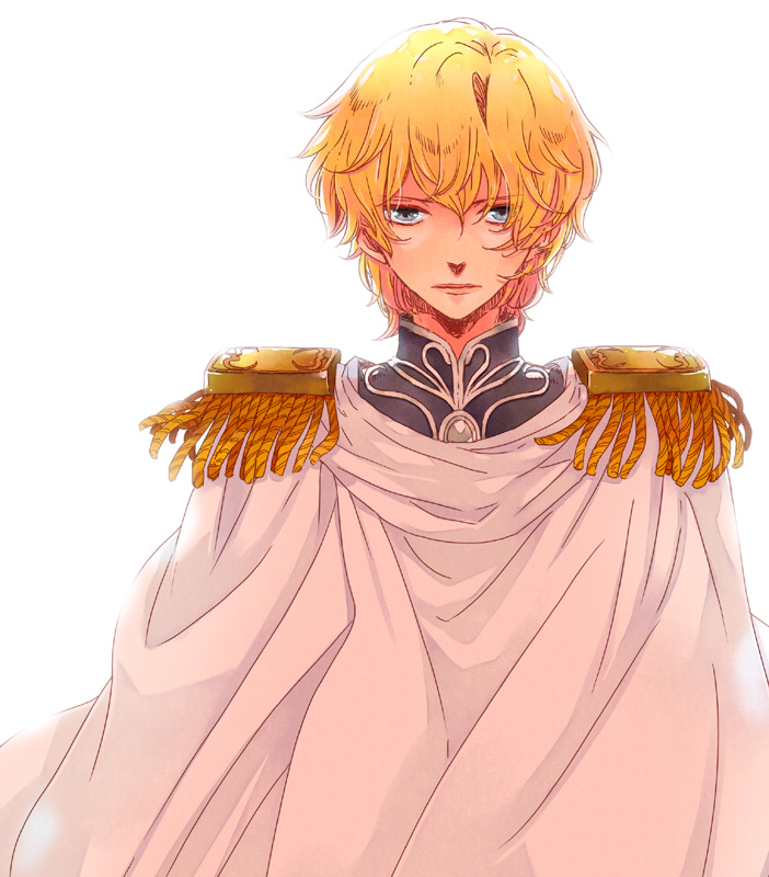 calamel, poitanu, reinhard von lohengramm, ginga eiyuu densetsu, 1boy, blonde hair, blue eyes, cape, epaulettes, male focus, serious, shoulder pads, solo, white background
