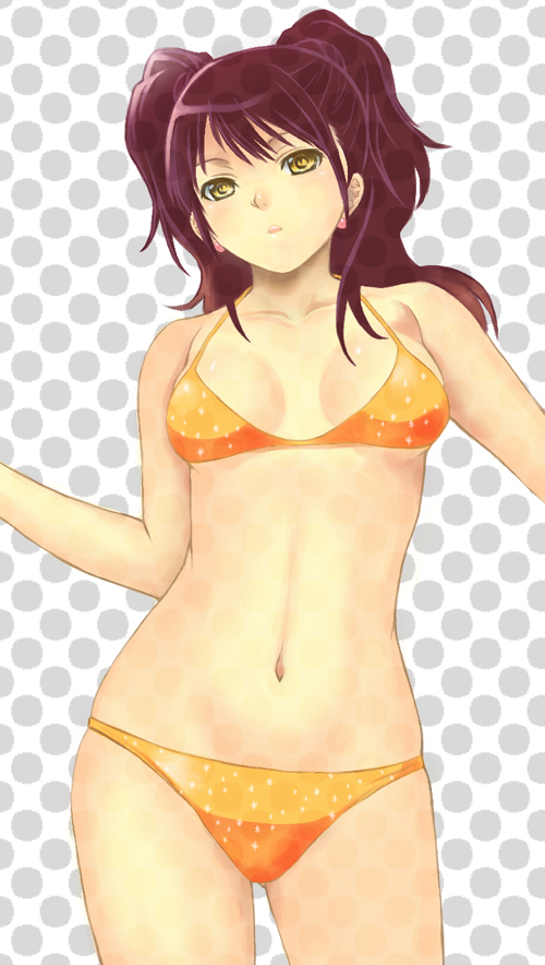 seiru (prairie), kujikawa rise, shadow (persona), shadow rise, atlus, persona, persona 4, 1girl, bikini, breasts, brown hair, cleavage, dark persona, female focus, halterneck, medium breasts, navel, orange bikini, solo, string bikini, swimsuit, twintails, yellow eyes
