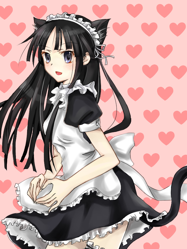 erzihua guimao, yumioni, akiyama mio, k-on!, 00s, 1girl, alternate costume, animal ears, black hair, blue eyes, blunt bangs, blush, cat ears, cat tail, enmaided, female focus, frilled thighhighs, frills, heart, heart hands, hime cut, kemonomimi mode, lingerie, maid, maid headdress, moe moe kyun!, petticoat, smile, solo, tail, thighhighs, underwear, zettai ryouiki