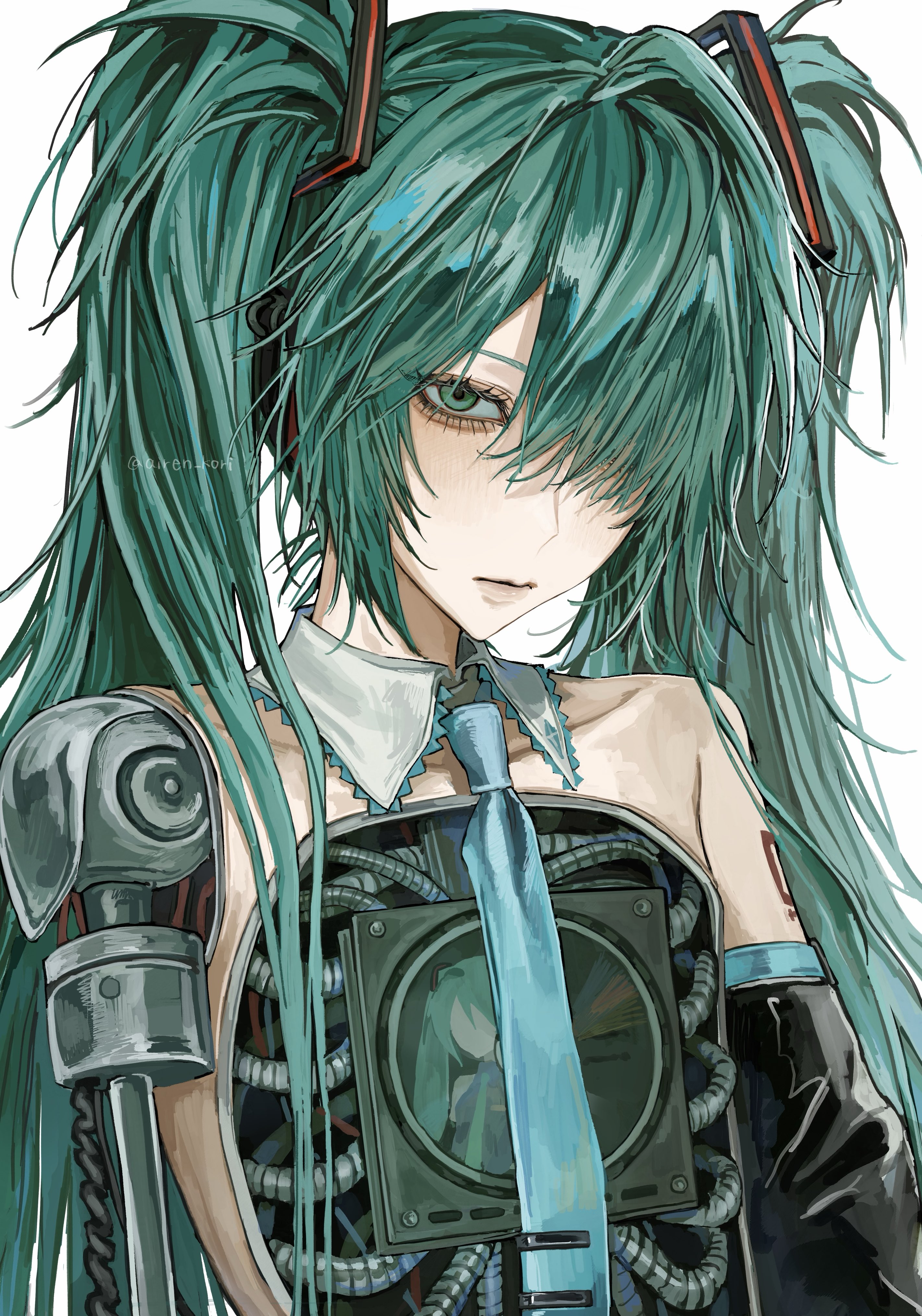 airen kori, hatsune miku, vocaloid, absurdres, highres, 1girl, blue necktie, cable, closed mouth, collar, collarbone, detached collar, detached sleeves, eyelashes, frilled collar, frills, green eyes, hair over one eye, lips, looking at viewer, mechabare, necktie, one eye covered, shoulder tattoo, simple background, single detached sleeve, solo, tattoo, twintails, twitter username, upper body, white background, wing collar