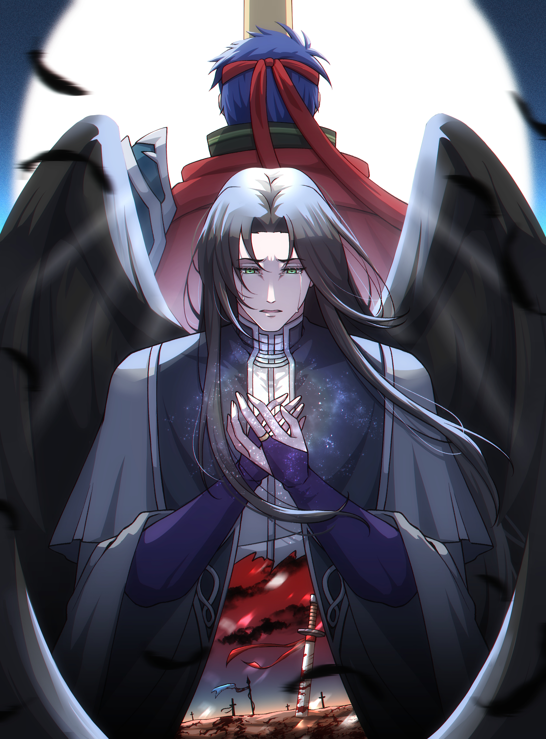 tellius forever, ike (fire emblem), ike (vanguard legend) (fire emblem), fire emblem, fire emblem: radiant dawn, nintendo, absurdres, commentary request, highres, 2boys, black hair, black wings, blue hair, feathers, green eyes, headband, lehran (fire emblem), long hair, male focus, multiple boys, planted, planted sword, planted weapon, red headband, short hair, sword, weapon, wings
