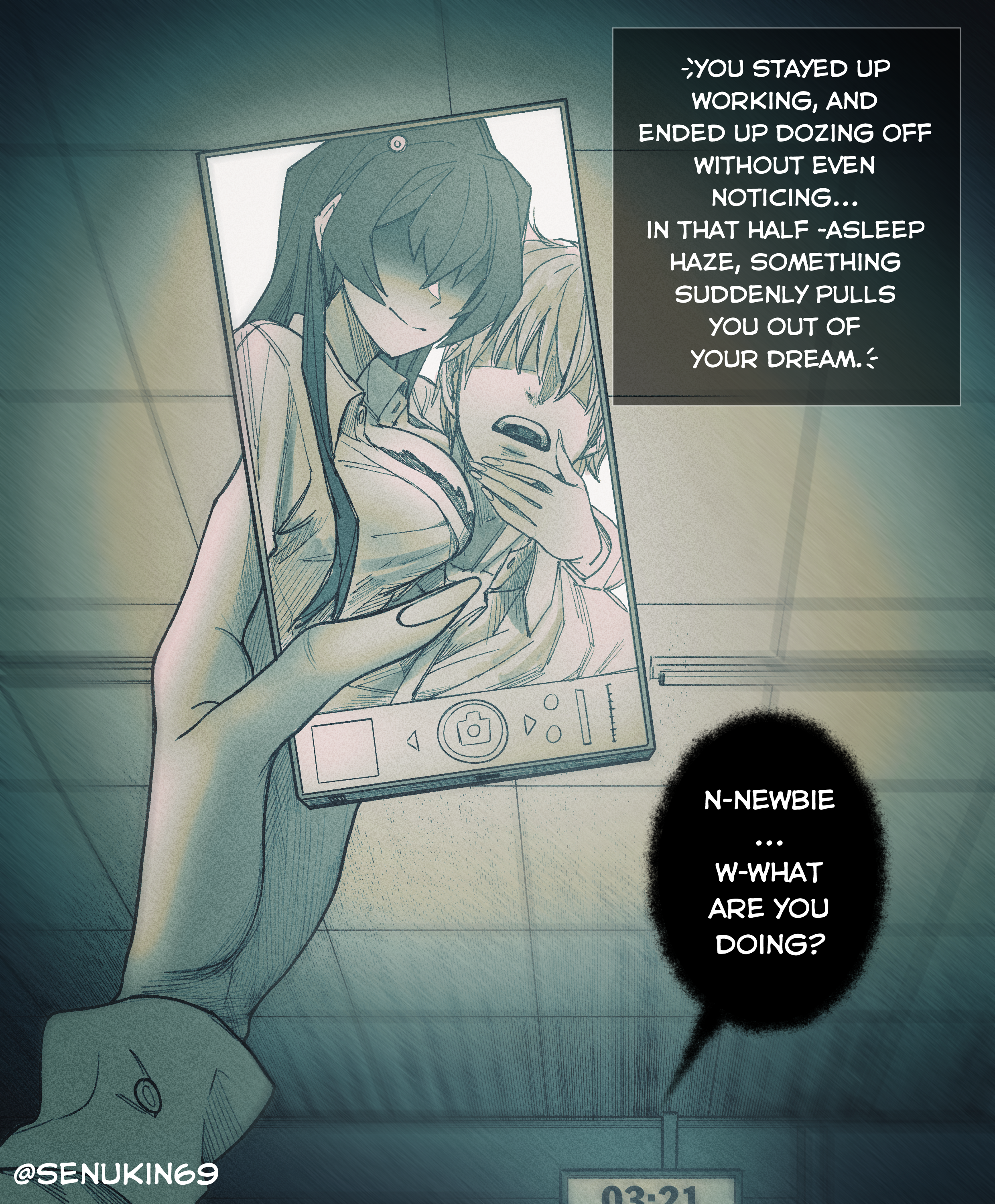 senukin, absurdres, commentary, english commentary, highres, 1boy, 1girl, artist name, breast press, breasts, cellphone, closed mouth, collared shirt, english text, fingernails, hetero, holding, holding phone, indoors, insomniac workers, large breasts, long hair, monochrome, office lady (senukin), open mouth, phone, pov, pov hands, selfie, shaded face, shirt, short hair, smartphone, smile, speech bubble, talking, twitter username