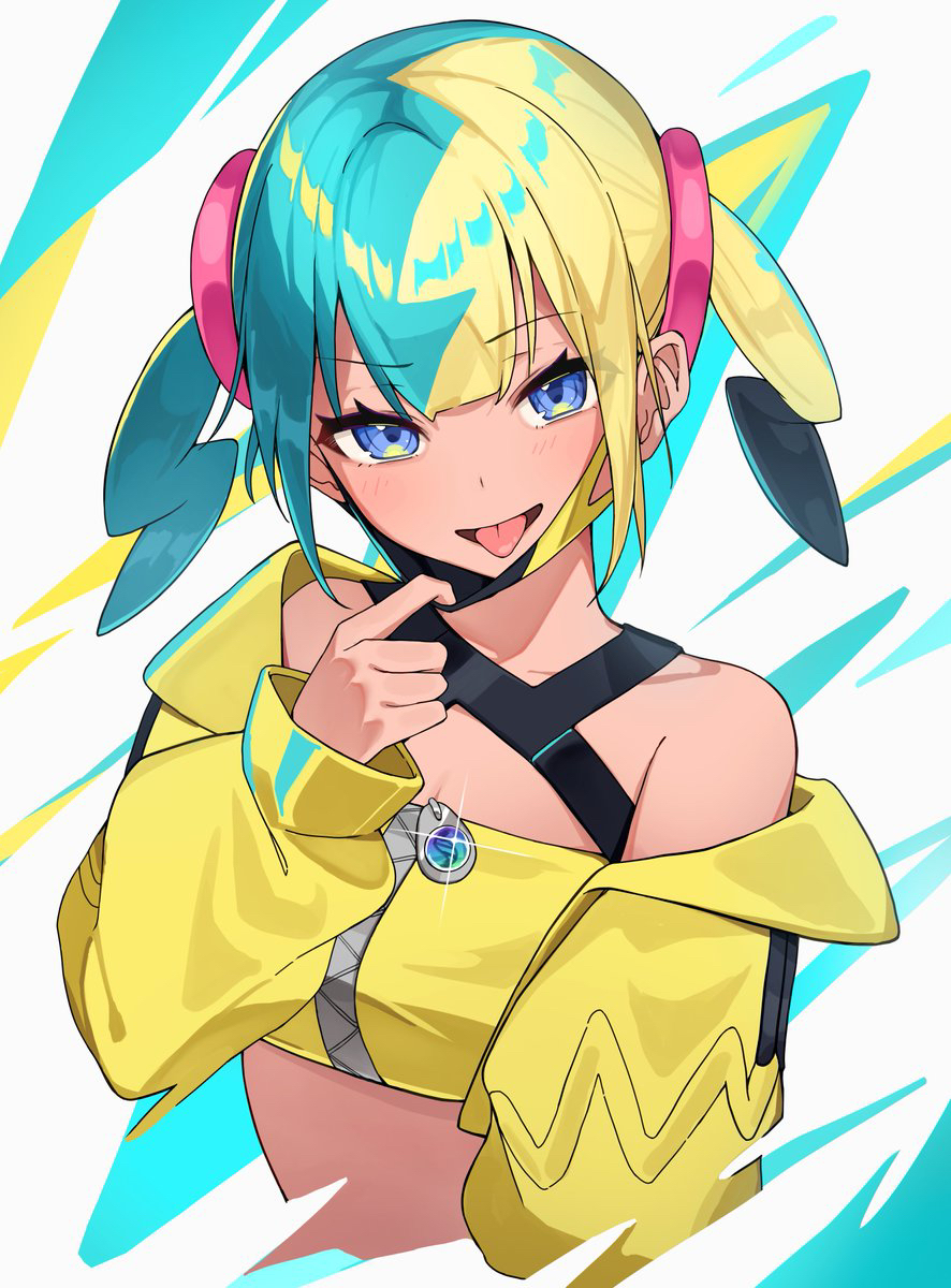 shibuki pp, canari (pokemon), nintendo, pokemon, pokemon legends: z-a, highres, 1girl, blonde hair, blue eyes, blush, breasts, cleavage, collarbone, green hair, hair between eyes, hair ornament, jacket, long hair, long sleeves, looking at viewer, mask, mask pull, mega stone, mouth mask, multicolored hair, open mouth, smile, solo, tongue, tongue out, yellow jacket