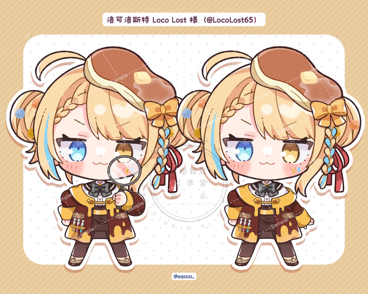 loco lost, indie virtual youtuber, commentary request, 1girl, :3, ahoge, black bow, black bowtie, blonde hair, blue eyes, blue streaks, blush stickers, bow, bowtie, brown jacket, character name, chibi, chibi only, closed mouth, double bun, egissi, food, food on head, full body, hair bow, hair bun, heterochromia, holding, holding magnifying glass, jacket, long sleeves, looking at viewer, magnifying glass, multicolored hair, multiple views, object on head, open clothes, open jacket, pancake, parted bangs, plaid bow, plaid bowtie, plaid clothes, sample watermark, short hair, simple background, smile, standing, straight-on, streaked hair, twitter username, virtual youtuber, watermark, watermark grid, white background, yellow bow, yellow eyes