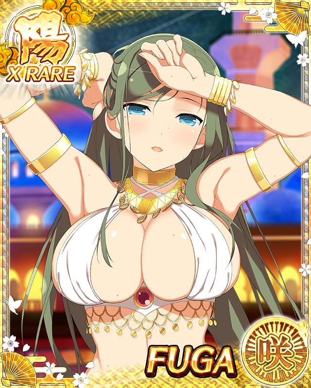 fuga (senran kagura), senran kagura, senran kagura new wave, gold armlet, game cg, non-web source, official art, 1girl, adjusting hair, arabian clothes, armlet, armpits, arms up, blue eyes, border, bracelet, breasts, card (medium), cleavage, gold choker, green hair, harem outfit, jewelry, large breasts, long hair, mole, mole under eye, official alternate costume, official alternate hairstyle, open mouth, outdoors, solo, upper body, wiping forehead