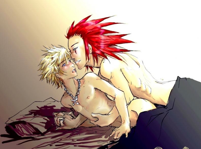 axel, roxas, kingdom hearts, 2boys, blonde hair, blush, gradient background, male focus, multiple boys, red hair, yaoi