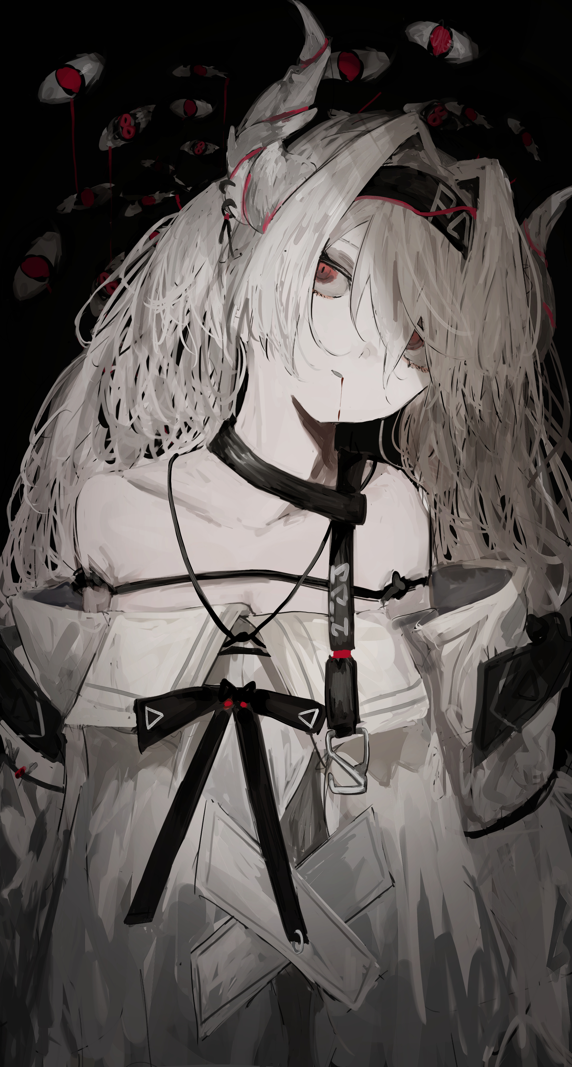 pikuson, original, absurdres, commentary, commission, english commentary, highres, 1girl, aegyo sal, averting eyes, bare shoulders, black background, black headband, blood, blood from mouth, closed mouth, collarbone, dark, demon girl, disembodied eye, dot mouth, dress, hair between eyes, hair intakes, hair over one eye, head tilt, headband, horns, long hair, long sleeves, monochrome, off-shoulder dress, off shoulder, pale skin, parted lips, red eyes, saliva, simple background, solo, spot color, upper body, white dress, white hair, white horns