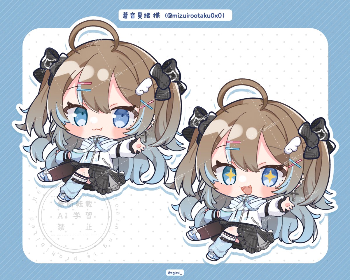 indie virtual youtuber, commentary request, + +, 1girl, :3, :d, ahoge, aone nao, black bow, black skirt, blue border, blue eyes, blue hair, blue shirt, blue shoes, blush stickers, border, bow, brown hair, character name, chibi, chibi only, closed mouth, cross, cross earrings, drop shadow, earrings, egissi, fang, frilled skirt, frills, full body, hair bow, hair ornament, jewelry, long hair, long sleeves, looking at viewer, open mouth, outline, outside border, polka dot, polka dot background, sample watermark, shirt, shoes, skirt, smile, twitter username, two side up, virtual youtuber, watermark, watermark grid, white background, white outline, x hair ornament