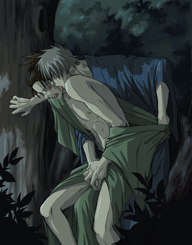 hatake kakashi, umino iruka, naruto (classic), naruto (series), artist request, lowres, 2boys, blush, closed eyes, handjob, japanese clothes, licking, male focus, multiple boys, nature, night, open clothes, open shirt, outdoors, penis, pull, shirt, tree, undressing, yaoi