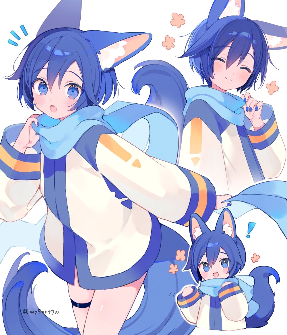 mogu (wy5xrt7w), kaito (vocaloid), vocaloid, commentary request, !, 1boy, ^ ^, animal ear fluff, animal ears, arms up, belt, black belt, blue hair, blue nails, blue scarf, blue trim, blush, bottomless, closed eyes, closed mouth, coat, cropped torso, dot nose, double-parted bangs, fingernails, hair between eyes, happy aura, kemonomimi mode, long sleeves, male focus, multiple views, open mouth, scarf, shiny skin, short hair, simple background, sleeves past wrists, smile, tail, thigh belt, thigh strap, twitter username, white background
