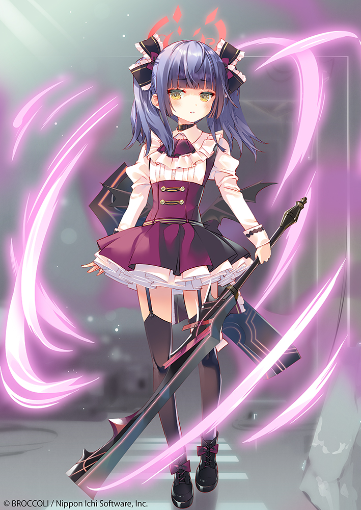 arikawa satoru, z/x, official art, 1girl, black collar, black shoes, black thighhighs, black wings, bow, collar, copyright notice, dress, footwear bow, hair bow, halo, holding, holding sword, holding weapon, long hair, looking at viewer, mystica sanctus, purple hair, red halo, shoes, solo, sword, thighhighs, twintails, weapon, wings, yellow eyes